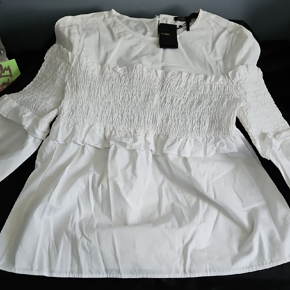 Maje White Smocked Blouse - Picture 6 of 16